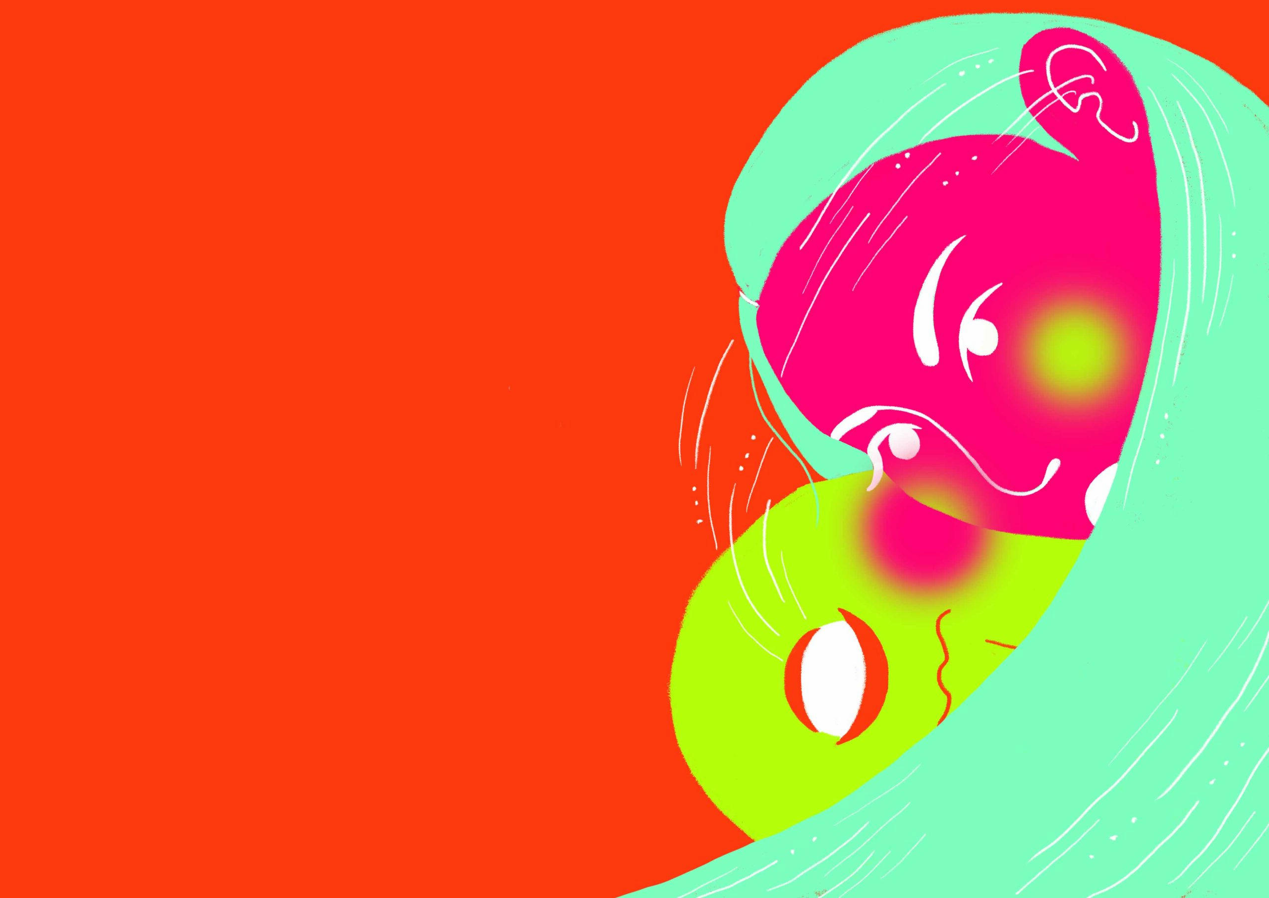 Colorful illustration from the project 'On te dit...' by Lisa Wagelmans, combining storytelling with vibrant shapes to convey dynamic communication.