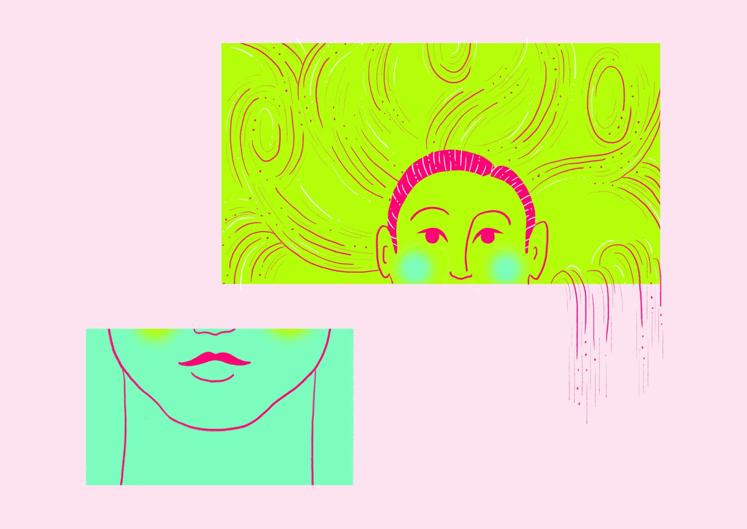 Colorful illustration from the project 'On te dit...' by Lisa Wagelmans, combining storytelling with vibrant shapes to convey dynamic communication.