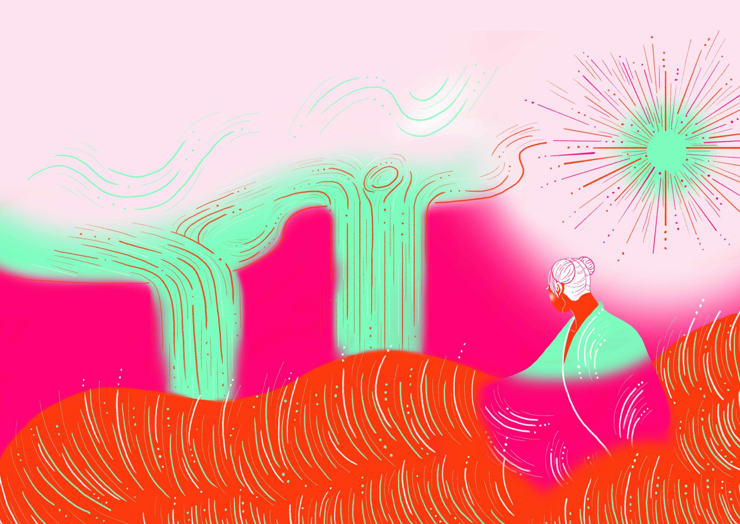 Colorful illustration from the project 'On te dit...' by Lisa Wagelmans, combining storytelling with vibrant shapes to convey dynamic communication.